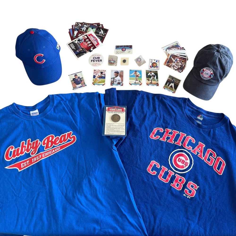 Chicago Cubs MLB Memorabilia Lot Hats Shirts Pins Cards Coin Baseball Collectibl